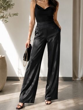 Mango Black Satin High-Waist Wide-Leg Pants Elegant Office Wear Evening Date